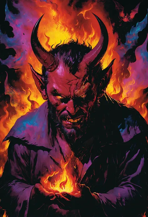 a man with horns and a demon face holding a glowing ball