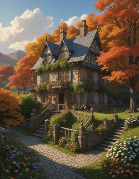 a british cottage in the scottish countryside, greg rutkowski, zabrocki, moebius, karlkka, jayison devadas, highly detailed, autumn sunlights, smoky atmosphere, ( ray of sunlight ), official fanart behance hd artstation by jesper ejsing, by rhads, makoto shinkai and lois van baarle, ilya kuvshinov, ossdraws, 8 k, ultra wide angle, zenith view, lens effect, artificial intelligence rehabilitation center, ai therapy, emotional intelligence training, digital counseling, 