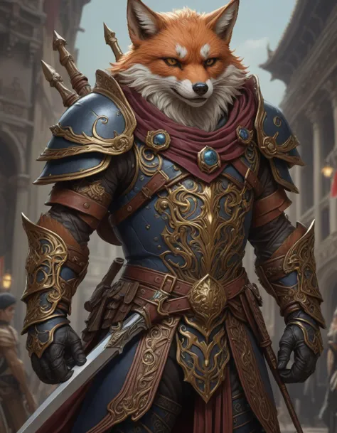 male stocky werefox warrior in leather armour, holding a scimitars, feywild, d & d, fantasy, intricate and very beautiful and hi...