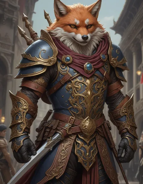 male stocky werefox warrior in leather armour, holding a scimitars, feywild, d & d, fantasy, intricate and very beautiful and highly detailed, elegant, digital painting, artstation, concept art, matte, smooth and sharp focus, illustration, art by artgerm and greg rutkowski, time travel facility, temporal anomalies, alternate realities, rewriting history, <lora:detailed_notrigger:1>