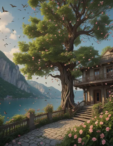 a tree with pink flowers in front of a house on a cliff