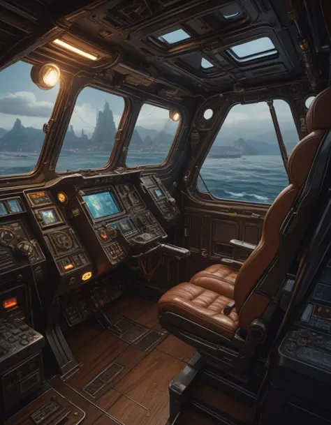 spaceship interior cockpit, fantasy, natural light, concept art, by greg rutkowski, cozy atmospheric and cinematic lighting, tre...