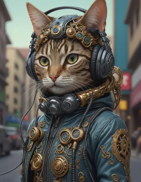 there is a cat wearing a jacket and headphones on a street