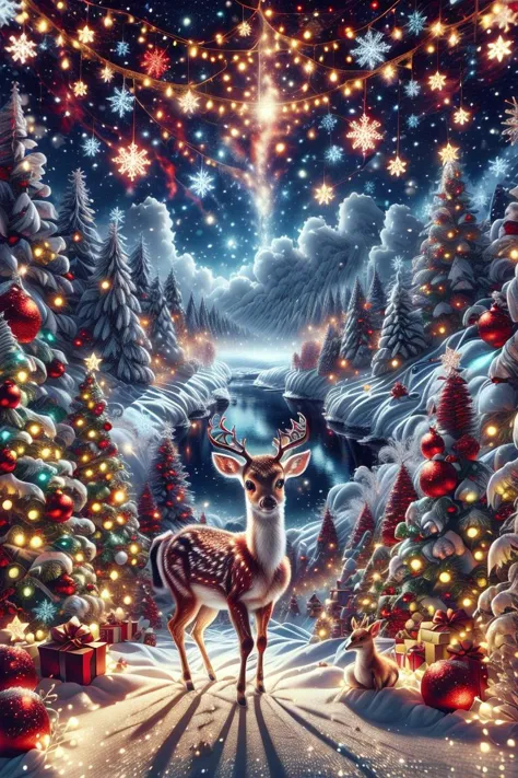 <lora:ChristmasWintery:1.0> ChristmasWintery baby deer, kawaii, adorable, snowy red deer, (Masterpiece:1.3) (best quality:1.2) (...