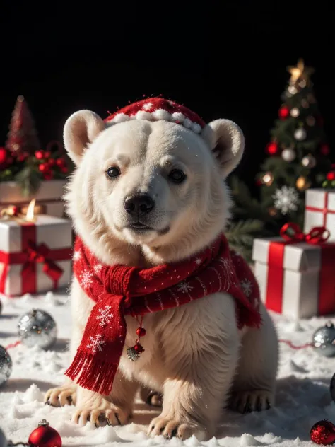 RAW photo, little polar bear,red christmas scarf, complex christmas background, 8k uhd, dslr, soft lighting, high quality, film ...