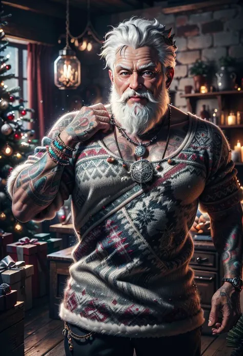 ((cowboy shot, half body shot)), (((frontal view:1.3, looking at viewer:1.2)))), Extremely detailed picture of a (AI Santa overlord). Alone at Lapland, grin12:1.2. Santa is wearing <lora:world_christmassweater:0.5> christmassweater. Dark Christmas Theme. ((Best quality, hyper-detailed, 8k, RAW, intricate, detailed hands, detailed fingers, detailed face, detailed eyes)). <lora:ChristmasWintery:0.4> christmaswintery <lora:LowRA:0.5>, white beard, white hair, jewelry, huge necklace, rings, gangsta, bad ass, tattooed arms, ((AS-Elderly:1.3)),