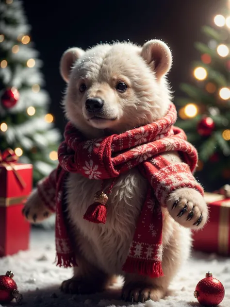 RAW photo, little polar bear,red christmas scarf, complex christmas background, 8k uhd, dslr, soft lighting, high quality, film ...