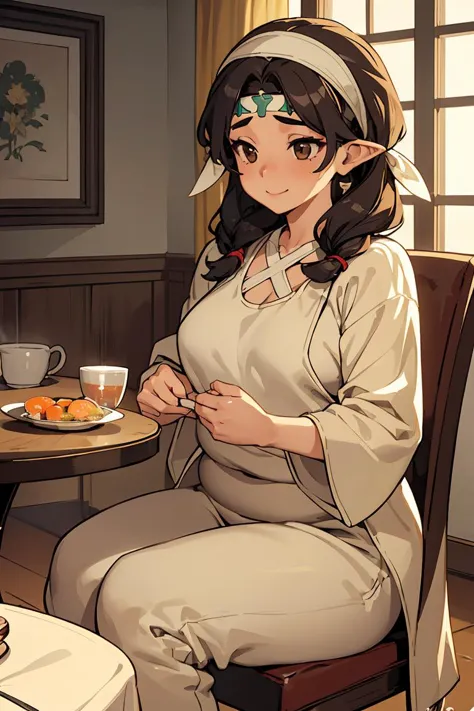 anime - style image of a woman sitting at a table with a plate of food