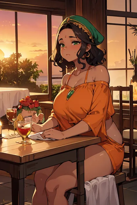 anime girl sitting at a table with a glass of wine