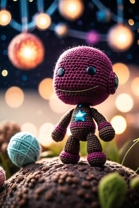 a close up of a small toy on a rock with a ball of yarn