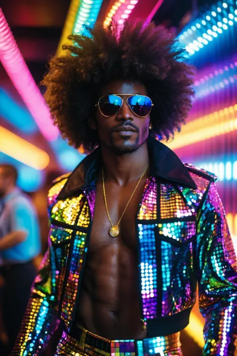 a man in a disco outfit and sunglasses standing in front of a neon light