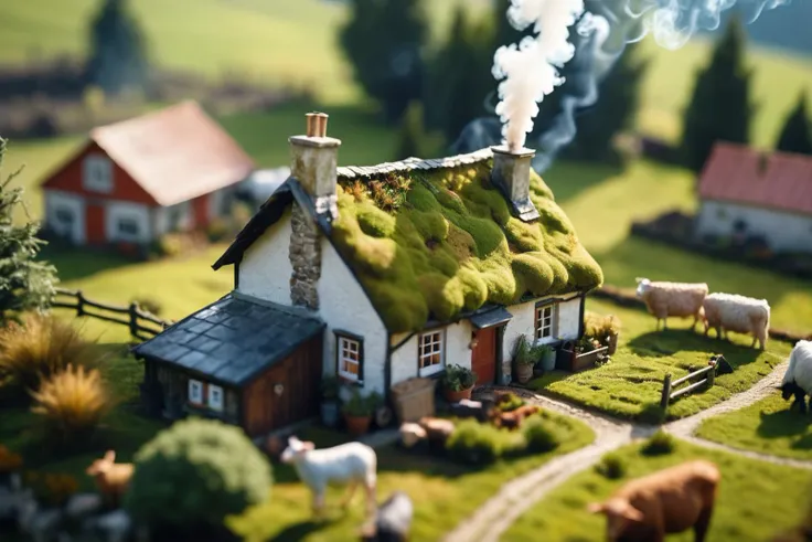 ((Tilt Shift style)), overhead view from a distance,  moss-covered farm house, miniature chimney, smoke wisps, little farmers field with livestock, whimsical fantasy, detailed, sunlight filtering through, hyperrealistic, soft focus, vibrant colors, soft cinematic light, RAW photo, dreamy soft focus, detailed photo, gorgeous,  bokeh, hyper detailed photorealistic life-like accurate proportional 8k, desktop wallpaper