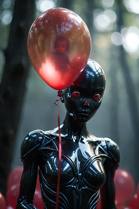 A creepy dark humanoid figure, holding a red balloon, scary, eerie, stunning fantasy photo, big red eyes, volumetric fog, eerie  (add_detail:1.3), RAW photo, dreamy soft focus, detailed photo, gorgeous, shallow depth of field, bokeh, volumetric lighting, iridescent skin, (surreal:0.4), hyper detailed photorealistic life-like accurate proportional 8k sharp focus, (accurate cinematic lighting), photorealistic detail