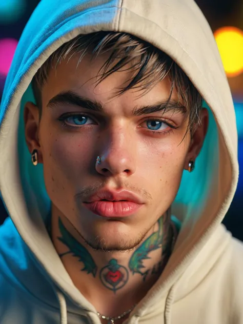 realistic portrait of a hot sexy young adult boy, 22yo, sexy, erotic, big thick pouty kissable lips, cocking sucking lips, wearing hoodie, tattoos, ear piercings, jewellery, masculine, grunge, emo, punk, RAW photo, detailed photo, gorgeous, shallow depth of field, bokeh, vibrant saturated color, volumetric lighting, iridescent skin, (surreal:0.4), hyper detailed photorealistic life-like accurate proportional 8k sharp focus, (accurate cinematic lighting), photorealistic detail, (selective focus:0.6)