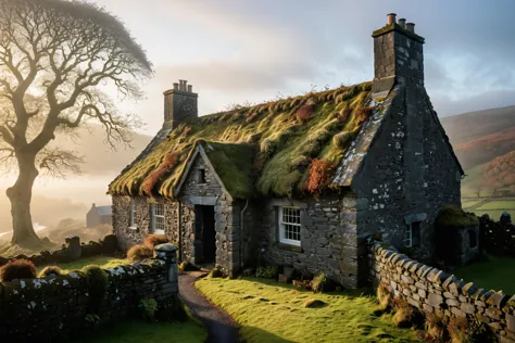 ((photo-realistic)) image of craggy island parochial house, old irish ({rough stone}) cottage with a flint roof, two chimneys, i...