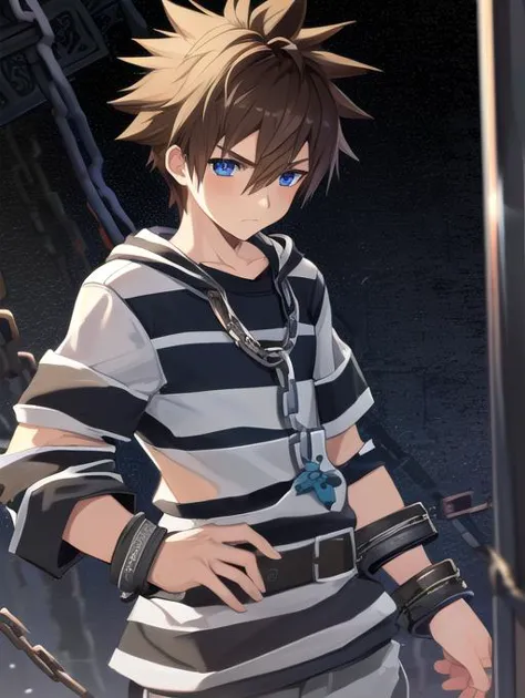 best quality, masterpiece, highres, detailed, perfect anatomy,  <lora:Detail - add_detail:0.2>, <lyco:PrisonerCh-10:0.7>, PrisonerCh, striped clothes, 1boy,  <lora:Character - SoraKHII:0.6>, brown hair, spiked hair, blue eyes, depressed, sad, jail, bars, chains, SoraKHII