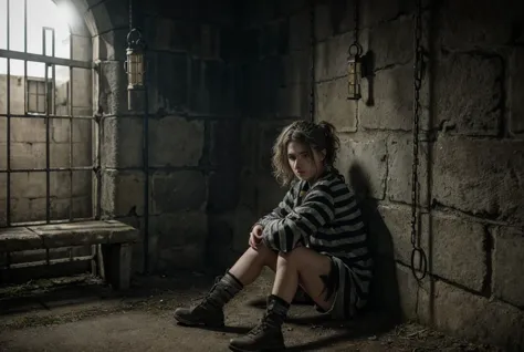 realistic analog photo, award winning photo,
1girl, disheveled, 25 yearsold, sitting on bench, scared, pleading eyes,  bleak, gothic, 
 <lora:PrisonerCh:0.75> prisonerch, dirty frayed prison clothes, striped shirt, cuffs, cuffed wrists to wall, 
 <lora:FantasyPrison:0.5> FanPri, scratched stone wall room, dark background, lit lantern, prison cell, prison bars, mad writing on walls
ambient light, 
,
RAW, highres, 8k, uhd, High Dynamic Range, tonemapping, crisp details,