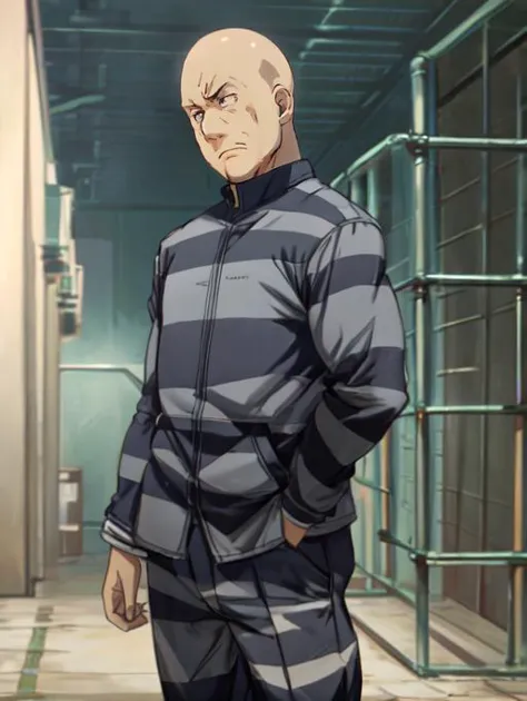 a man in a prison outfit standing in a hallway