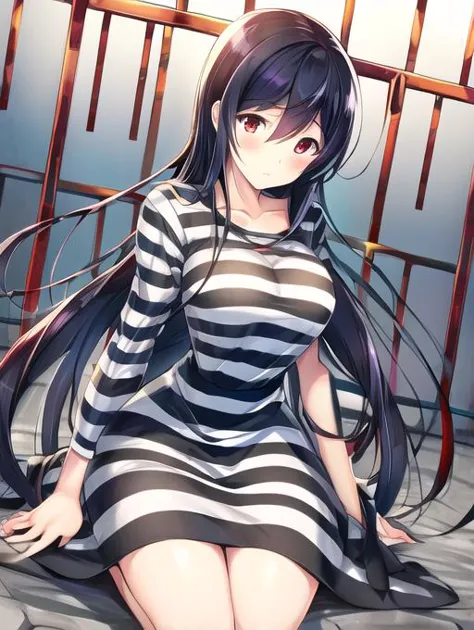 anime girl in striped dress sitting on the ground with her legs crossed