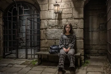 realistic analog photo, award winning photo,
1girl, disheveled, 25 yearsold, sitting on bench, scared, pleading eyes,  bleak, gothic, 
 <lora:PrisonerCh:0.75> prisonerch, dirty frayed prison clothes, striped shirt, cuffs, cuffed wrists to wall, 
 <lora:FantasyPrison:0.5> FanPri, scratched stone wall room, dark background, lit lantern, prison cell, prison bars, mad writing on walls
ambient light, 
,
RAW, highres, 8k, uhd, High Dynamic Range, tonemapping, crisp details,