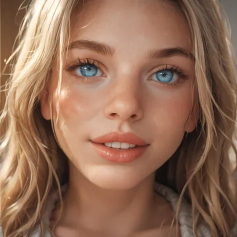 a close up of a woman with blue eyes and a necklace