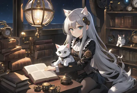 1girl, very long hair, flipped hair, bangs,  steampunk home economics room nighttime, anime style, viewer from above, kneeling down, reading book, aesthetic, focus on face, beautiful silver eyes, cat