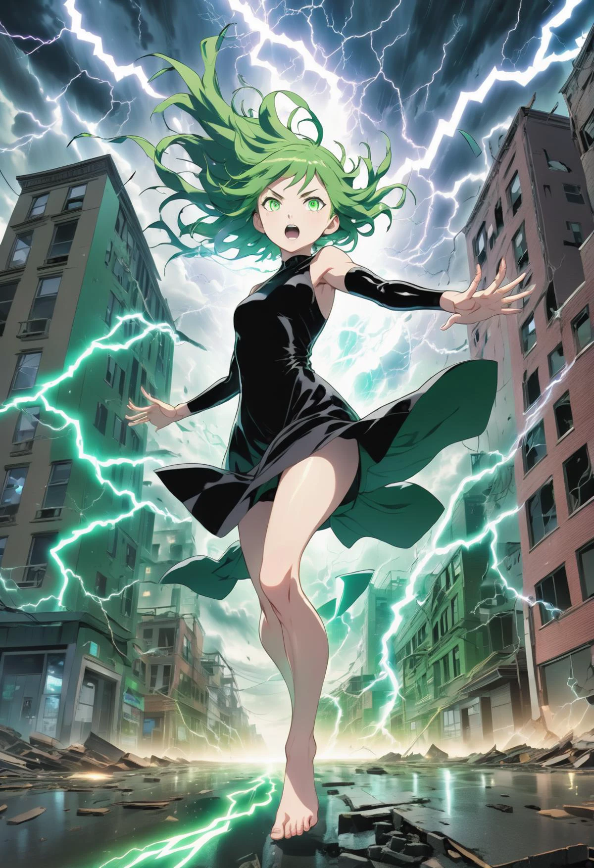 A woman in a black dress and green hair is running through a city ...