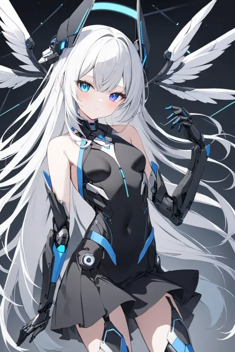 1girl, solo, heterochromia, mechanical arms, mechanical legs, cowboy shot, dress, black dress, long hair, blue eyes, small breasts, looking at viewer, breasts, wings, white hair, bare shoulders, white hair, android, headgear, high heels, 
best quality, absurdres, newest