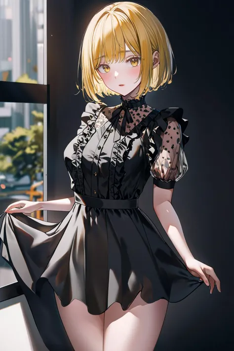 1girl, yellow hair, short hair, bob cut, black frilled blouse, cowboy shot, 
best quality, newest, absurdres