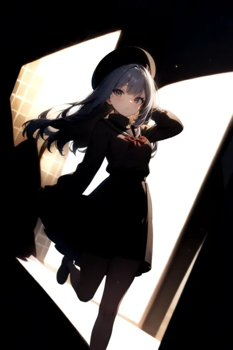 (Masterpiece:0.9), best quality, (illustration, official art:0.95), ultra detailed, solo, 1 girl, dynamic angle, sweaterskirt, photographer, hat, (depth of field, VOLUMETRIC SHADOW), absurd, [(white background:1.2)::0.2], (geometrical pattern background:1.2), <lora:anime enhancer V3 xl:1.4>