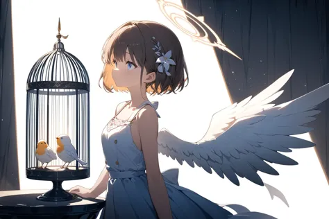 (Masterpiece:0.9), best quality, (illustration, official art:0.95), ultra detailed, solo, 1 girl, from side, detailed eyes, DETAILED SKIN TEXTURE, Halo, angel, birdcage, small bird, (cinematic lighting, VOLUMETRIC SHADOW), white wings, thick outline, absurd, [(white background:1.2)::0.2], (abstract wallpaper:1.2), <lora:anime enhancer V3 xl:1.3> <lora:sdxl2-flat2-512b:-0.75> <lora:cns2i2de878c73fo5mug:0.95>