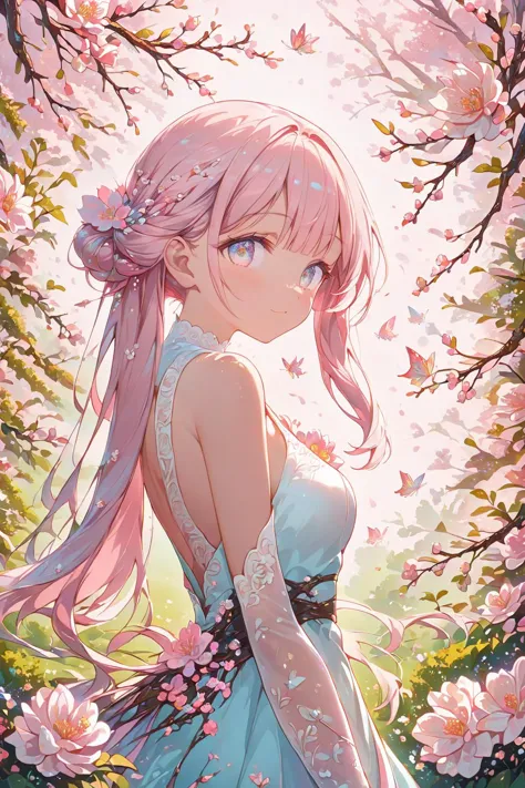 a girl in a blue dress standing under a tree with pink flowers