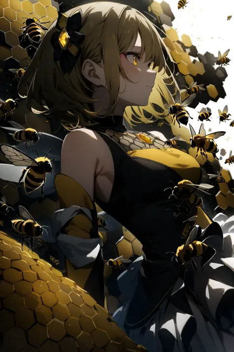 (Masterpiece:0.9), best quality, (illustration, incredibly absurdres:0.95), ultra detailed, solo, 1girl, Dutch angle, bee girl, motherly, looking down, (queen bee:1.4), makeup, Queen dress, black stripes, blonde hair, bee wings, black tiara , (ahoge, antenna hair:0.9), elbow gloves, yellow gemstone, swarm of bees, [(white Background:1.4)::0.2], (honeycomb \(pattern\) background:1.4), <lora:add_details_xl:0.85> <lora:crowd_notrigger:1>