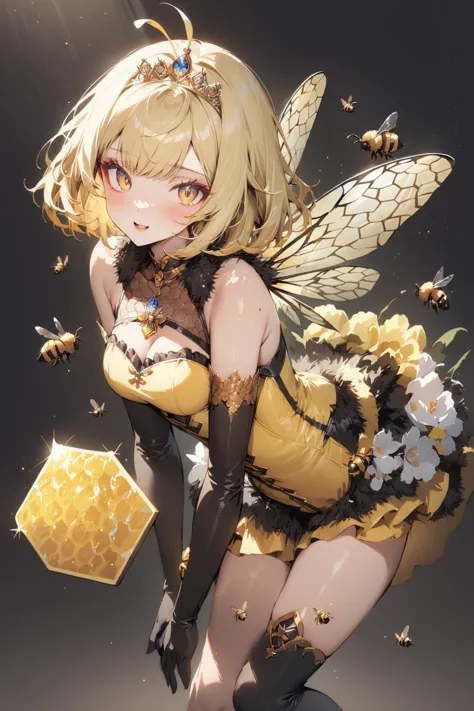 Wasp in the style of fl0r4lstyl3, (Masterpiece:0.9), best quality, (illustration, incredibly absurdres:0.95), ultra detailed, 1girl, solo, bee girl, (queen bee:1.2), makeup, Queen dress, black stripes, blonde hair, bee wings, tiara, (ahoge, antenna hair:0.9), elbow gloves, gemstone, swarm of bees, kawaii, [(black Background:1.4)::0.2], (honeycomb \(pattern\) Background:1.4), <lora:Floral_Watercolour:1.05> <lora:anime enhancer V3 xl:0.95>