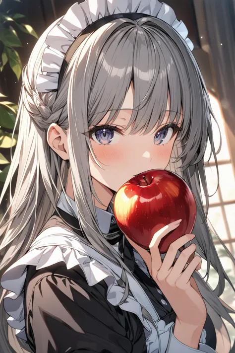 anime girl with long gray hair holding an apple in front of her face