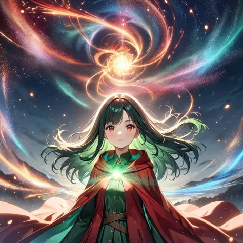 classic (best quality) hyper detailed 8k portrait anime (aethetic harmony) dynamic angle, 1 young witch is flying on twilight sky with magic, She is wearing cardinal red magic robe (hunter green semi-long hair) royal red glossy eyes (small body with small breasts) cool and confident, The sky is filled with magical element (illusory glowing), <lora:DonMM1y4XL-v2rb:0.3> DONMM1Y4XL, <lora:Particles_Style_SDXL:0.7> AIS-PARTICLEZ