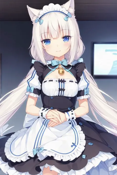 a woman in a maid outfit is sitting on a bed