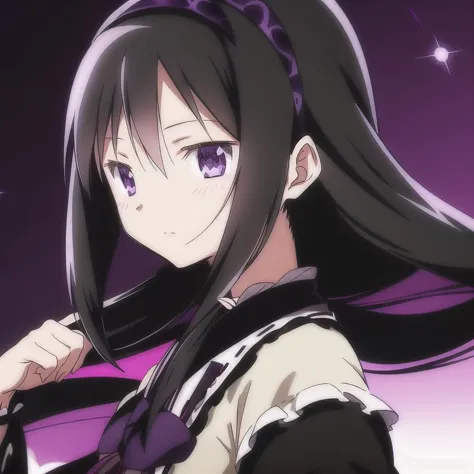 akemi_homura, <lora:madocus-64:1>, long hair, black hair, purple eyes, black_hairband,