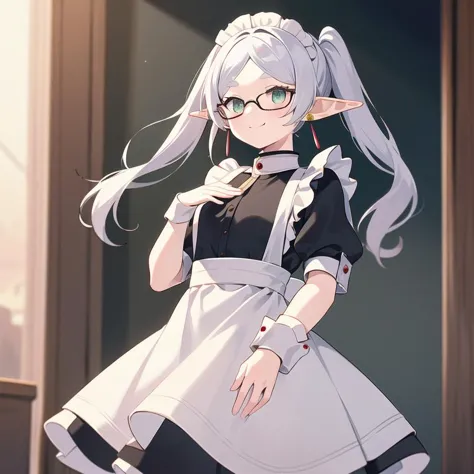 anime girl with glasses and a white dress standing in front of a window