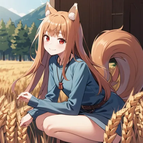 anime girl sitting in a field of wheat with a mountain in the background