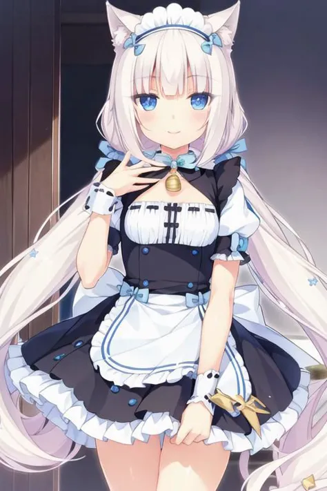 a woman in a maid outfit with long white hair and blue eyes