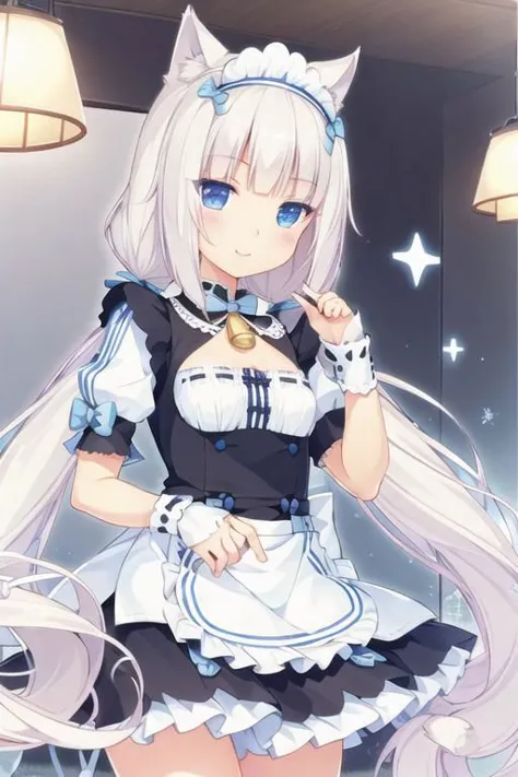 1girl, solo, masterpiece, best quality, illustration, absurdres, cute, film_grain, extremely detailed face, perfect lighting, smile, cowboy shot, vanilla, cat ears, white hair, blue eyes, slit pupils, very long hair, twintails, maid, black dress, wrist cuffs, neck bell, puffy short sleeves,