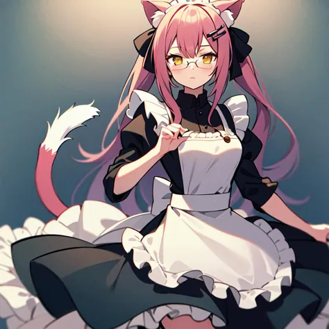 1girl, solo, masterpiece, best quality, illustration, absurdres, cute, film_grain, extremely detailed face, perfect lighting, <lora:Kokonoe:0.7>, kokonoems, animal ears, cat ears, tail, cat tail, multiple tails, cowboy shot, maid, maid dress, glasses, hair ornament,