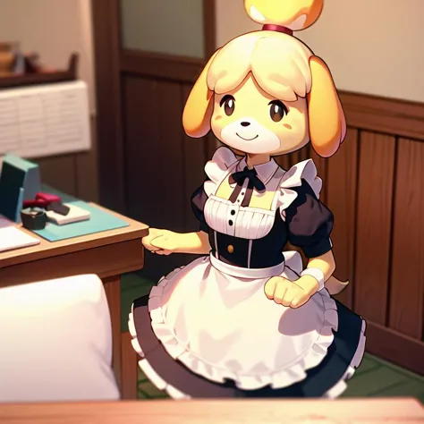 1girl, solo, masterpiece, best quality, illustration, absurdres, cute, film_grain, extremely detailed face, perfect lighting, <lora:shizue_Isabelle:0.7>, isabelle \(animal crossing\), indoors, topknot, animal ears, closed mouth, furry, dog girl, cowboy shot, blonde hair, dog ears, furry female, body fur, short hair, 3D, game screen shot, maid, maid dress, glasses, hair ornament, smile, looking at viewer,