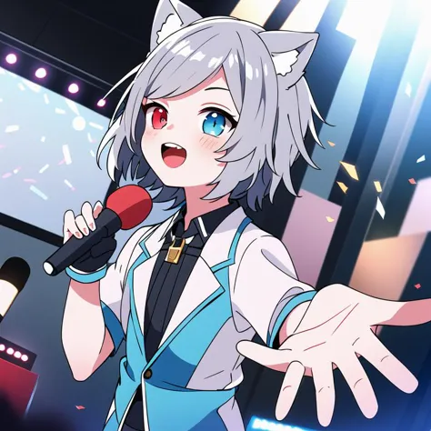 anime girl with cat ears singing into a microphone in a stage