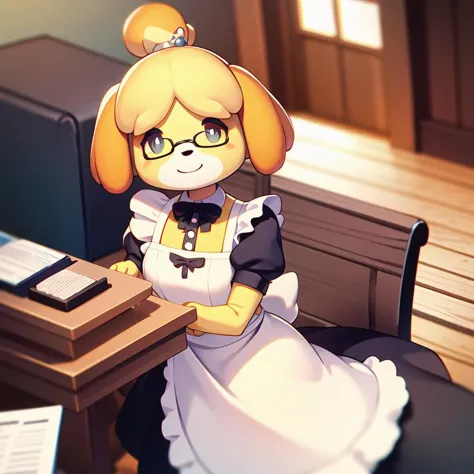 1girl, solo, masterpiece, best quality, illustration, absurdres, cute, film_grain, extremely detailed face, perfect lighting, <lora:shizue_Isabelle:0.7>, isabelle \(animal crossing\), indoors, topknot, animal ears, closed mouth, furry, dog girl, cowboy shot, blonde hair, dog ears, furry female, body fur, short hair, 3D, game screen shot, maid, maid dress, glasses, hair ornament, smile, looking at viewer,