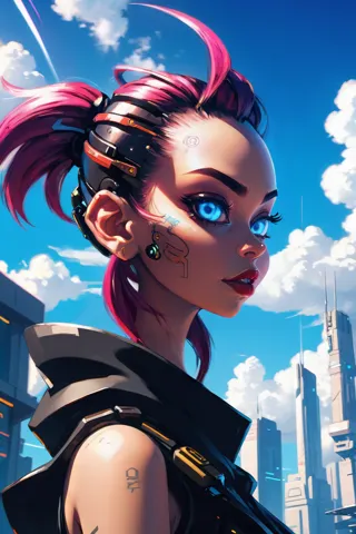 cyberpunk, <lora:EnvySendNoodzXL01:0.5>1girl, woman, beautiful, noon, blue sky, clouds, architecture, "at the Hyperborean Nexus"<lora:EnvyBetterHiresFixXL01:0:hr=1><lora:EnvyDigitalIllustrationXL01:1>