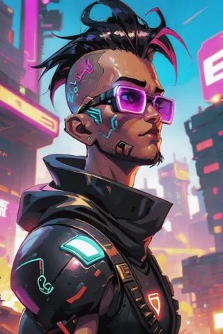 a man in a futuristic outfit and sunglasses stands in front of a neon city