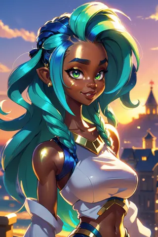 <lora:EnvySendNoodzXL01:0.5>1girl, woman, paladin, blue-green hair with blue highlights, Coiffed Waves,low-tied long hair, (full body:1), [:outlandish costume design:0.2], bombshell hair, gold hair, french braids, average figure, (african, dark skin:0.6), (golden hour, scenery, "at the Twinkling Resplendent hypergate":1.3)<lora:EnvyBetterHiresFixXL01:0:hr=1><lora:EnvyDigitalIllustrationXL01:1>