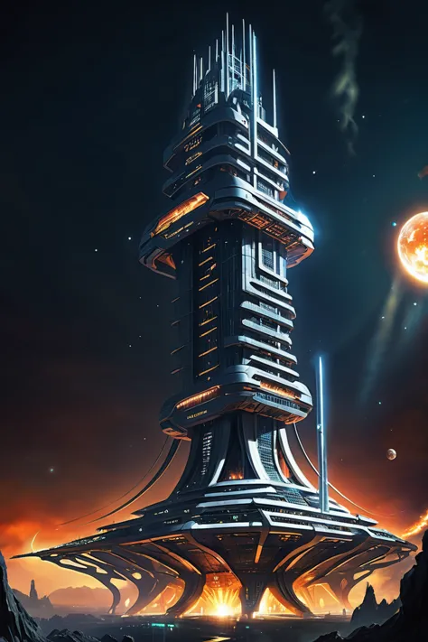 a futuristic city with a large tower and a planet in the background